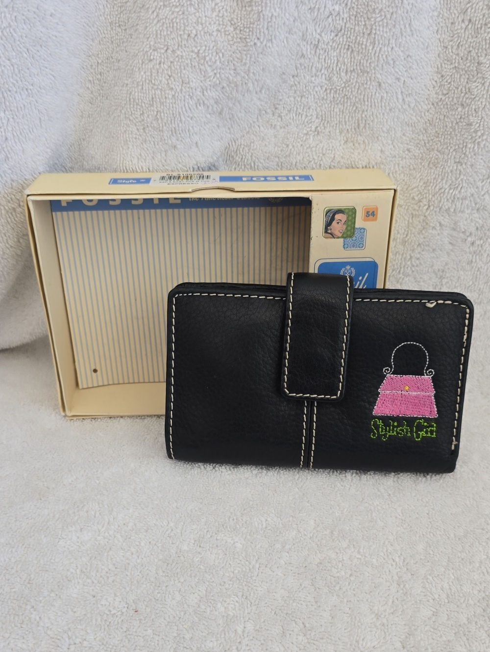 Fossil Vintage Wallet Black Wallet with Pink Purse Embroidery